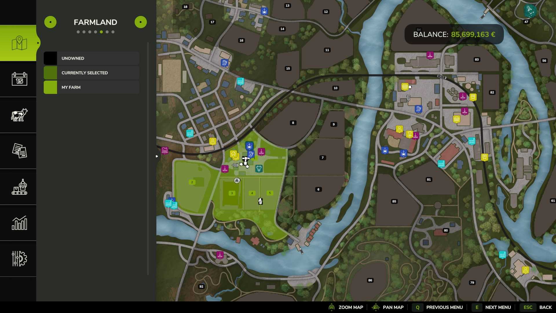 Access the farmland screen to see available fields in Farming Simulator 25.