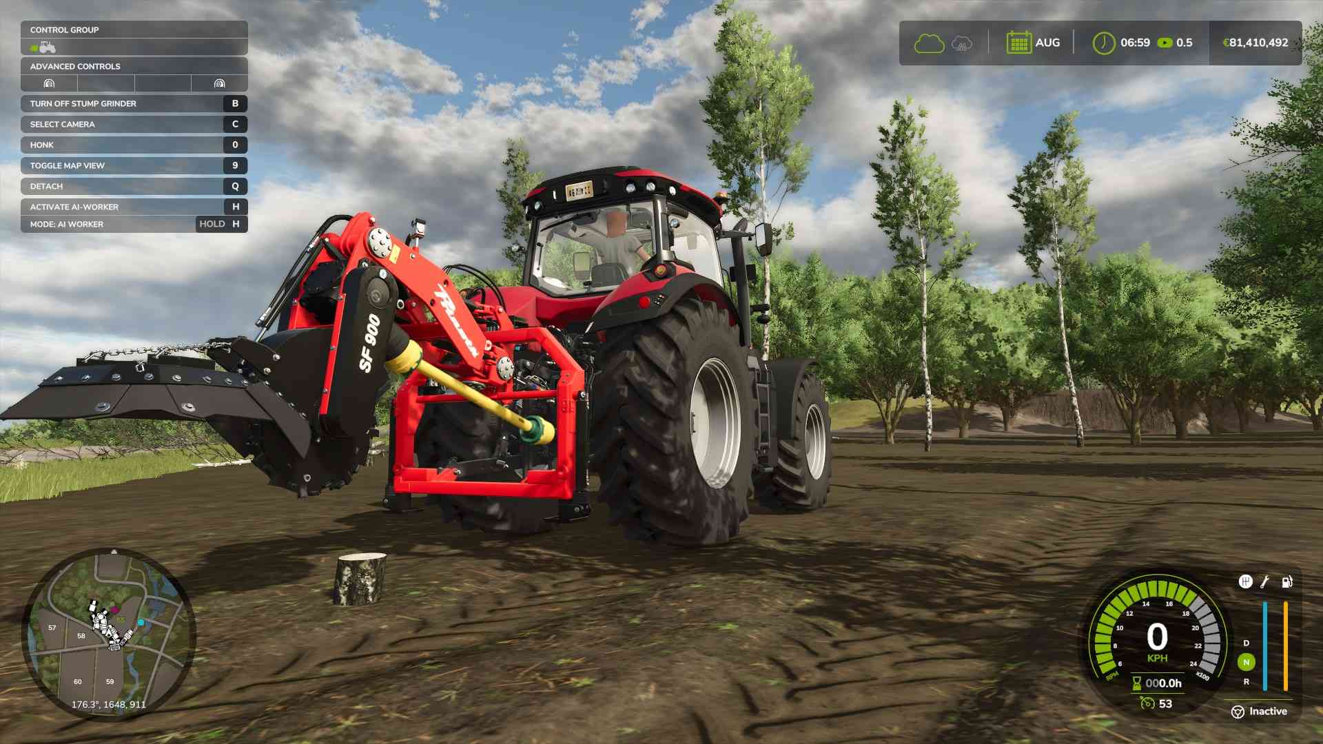 Positioniere das Werkzeug über dem Stumpf in Farming Simulator 25.