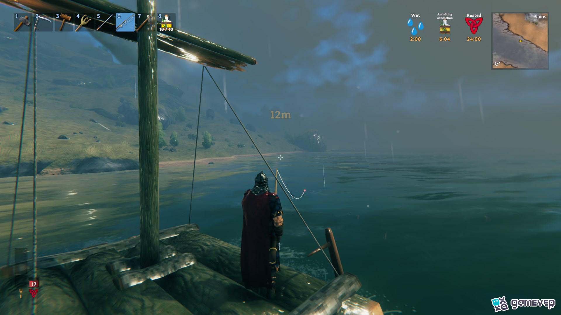 Pesca Perca Gigante usando Cebo Pegajoso en Valheim.