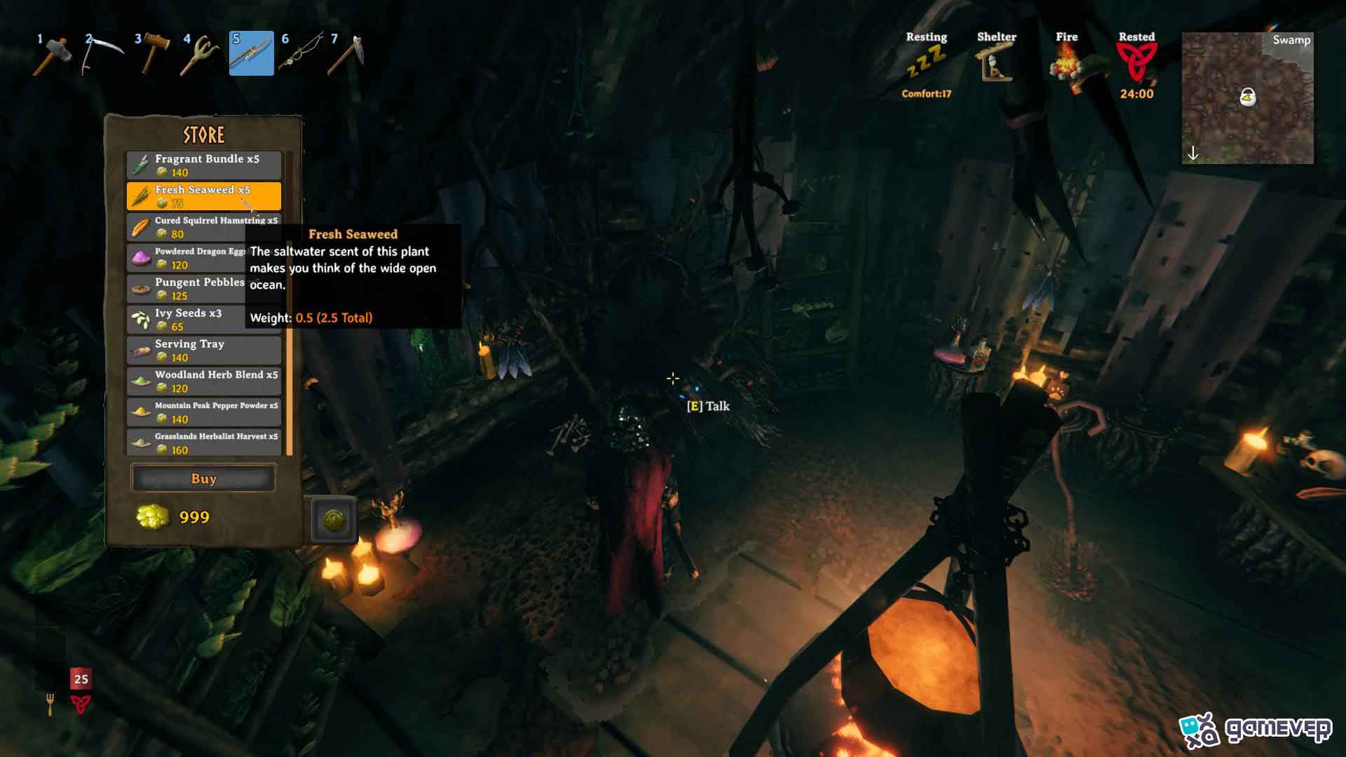 Compra alga fresca de la Bruja del Pantano para elaborar el Brebaje de Vananidir en Valheim.