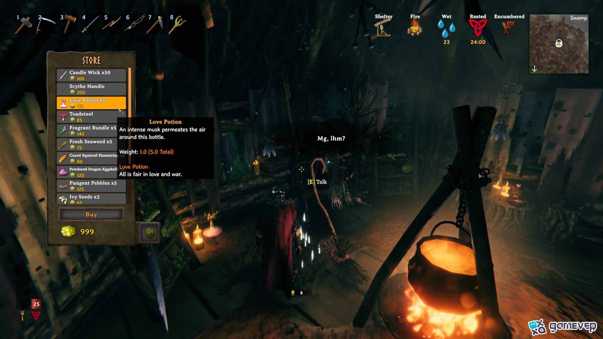 Visita a la Bruja del Pantano para comprar la Poción de Amor en la actualización Bog Witch de Valheim