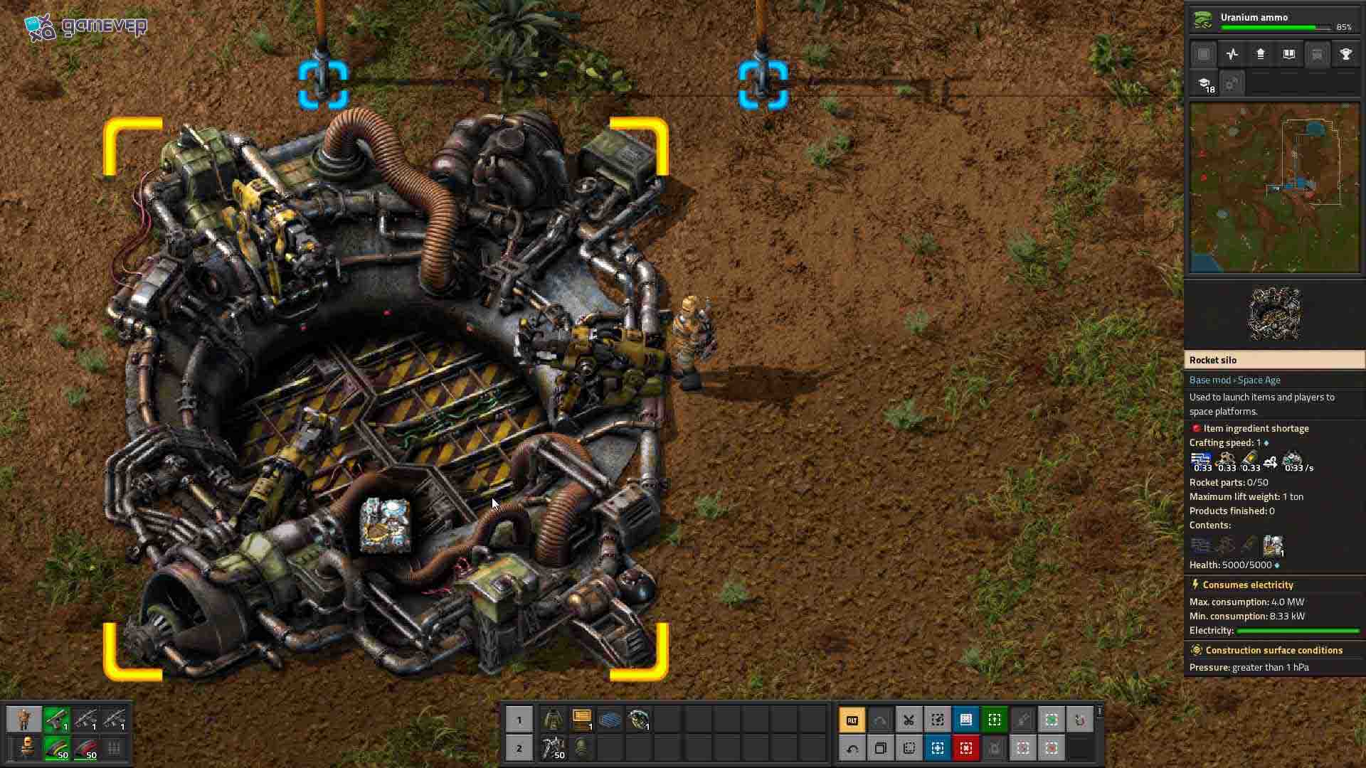 Coloca tu Silo de Cohetes en un área segura en Factorio Space Age.