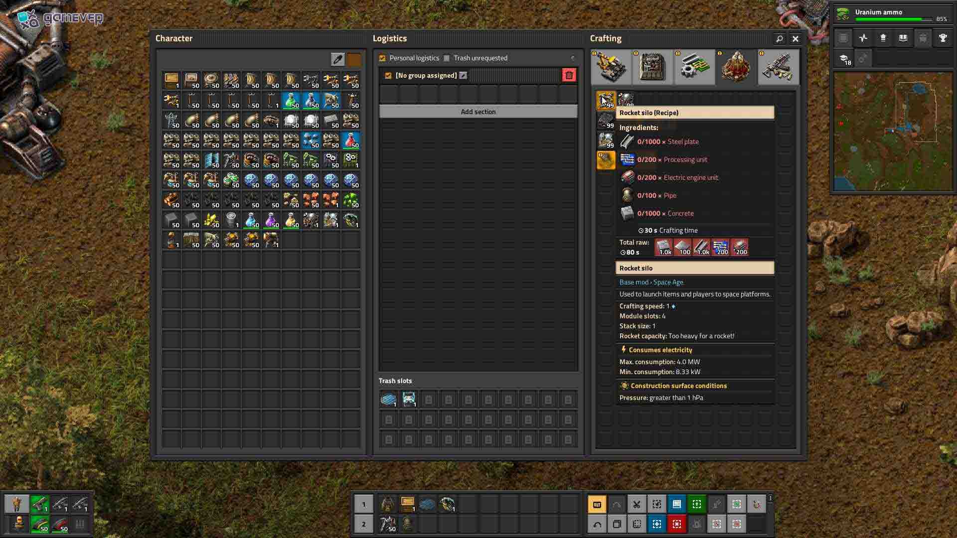 Reúne recursos para la construcción del cohete en Factorio Space Age.