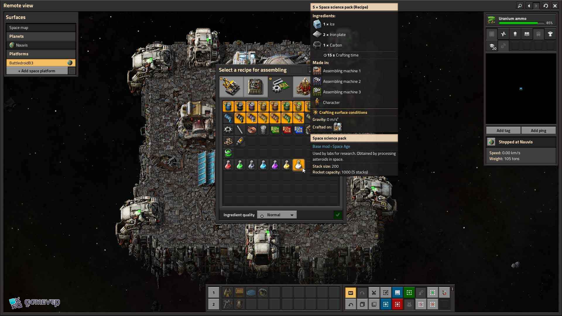 Fabrica paquetes de ciencia espacial en Factorio Space Age.