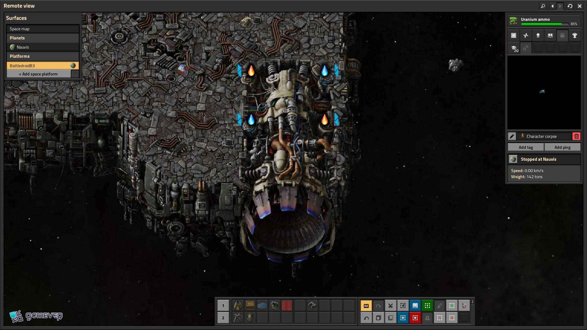 Añade propulsores para mover la plataforma en Factorio Space Age.