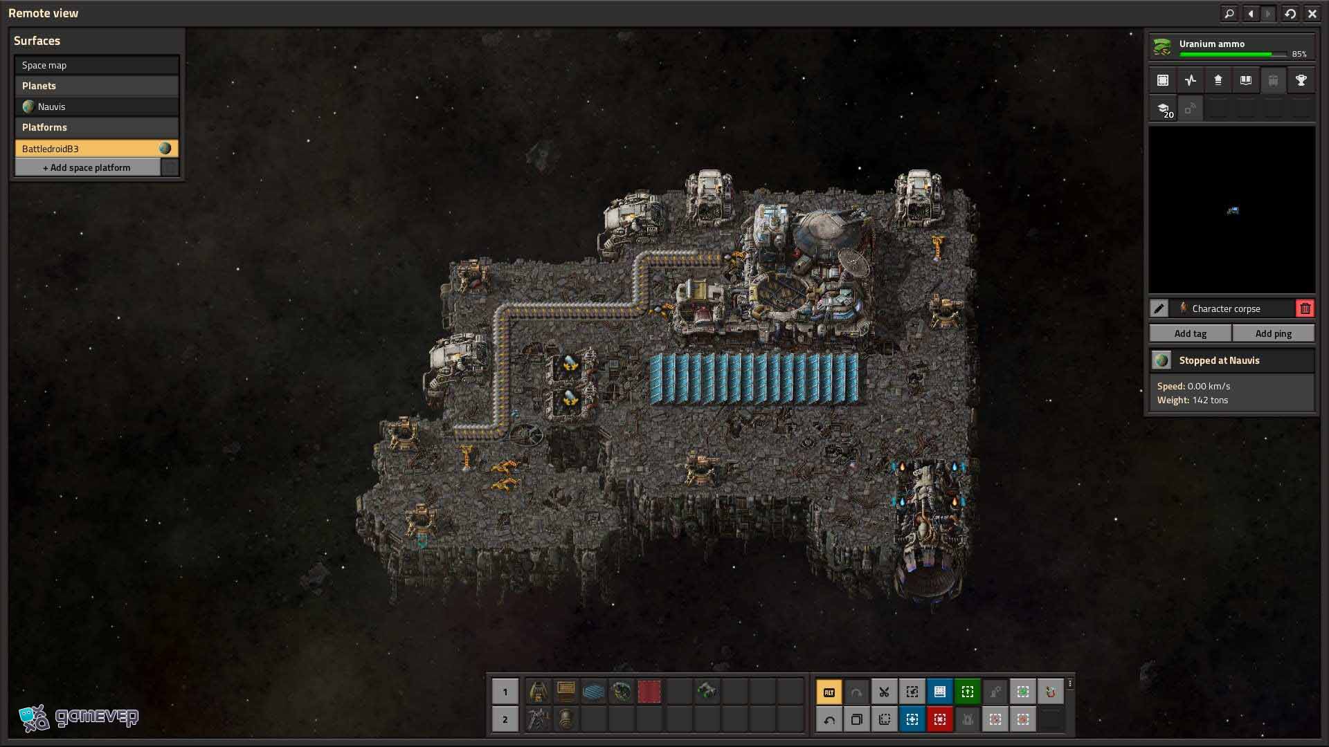 Paso a paso para construir tu plataforma espacial inicial en Factorio 2.0.