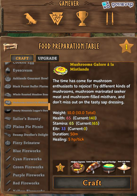 Combina todos los ingredientes para crear el Mushrooms Galore á la Mistlands en Valheim Bog Witch