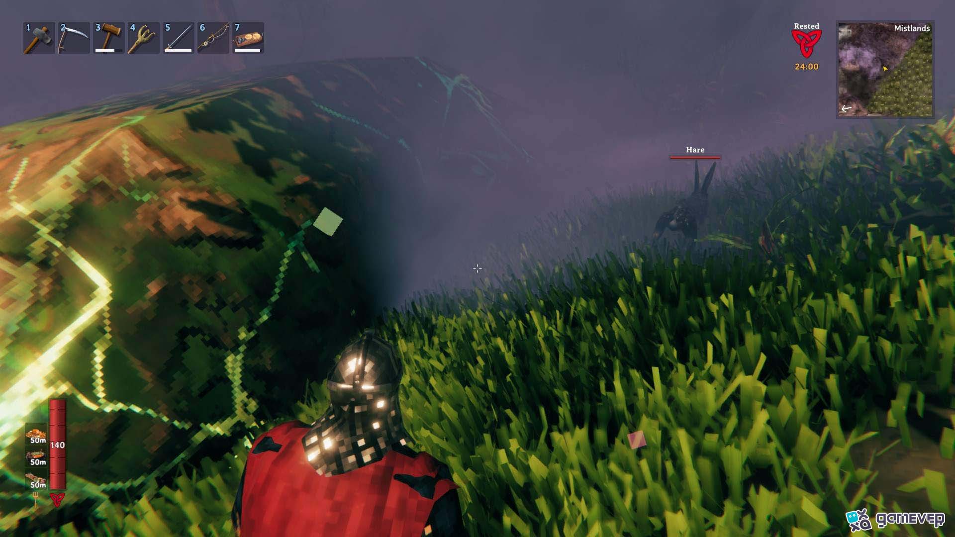 Cocina carne de liebre y zanahorias para preparar un delicioso Misthare Supreme en Valheim Bog Witch