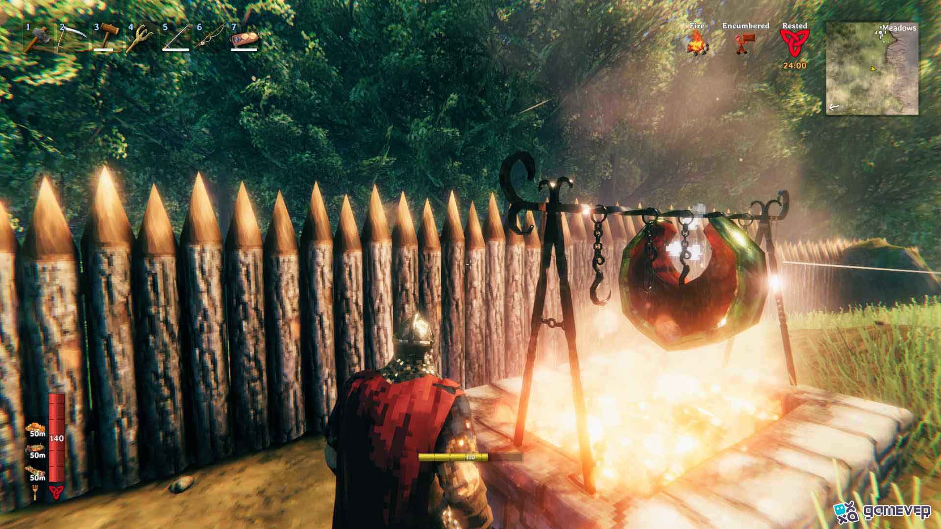 Usa una estación de cocina de hierro para carne de serpiente en Valheim Bog Witch
