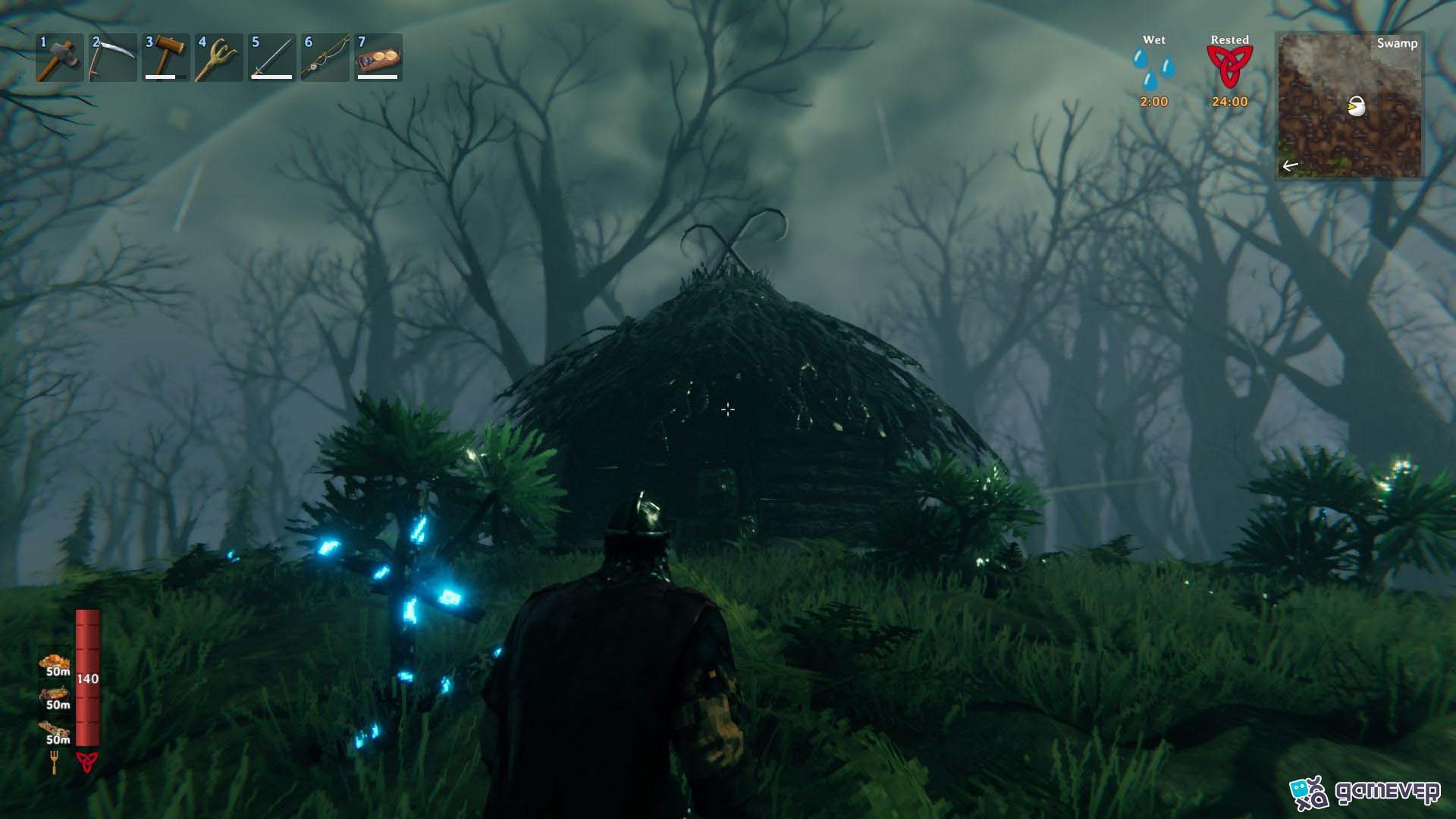 Encuentra a la Bruja del Pantano para comprar Hierbas del Navegante en Valheim Bog Witch