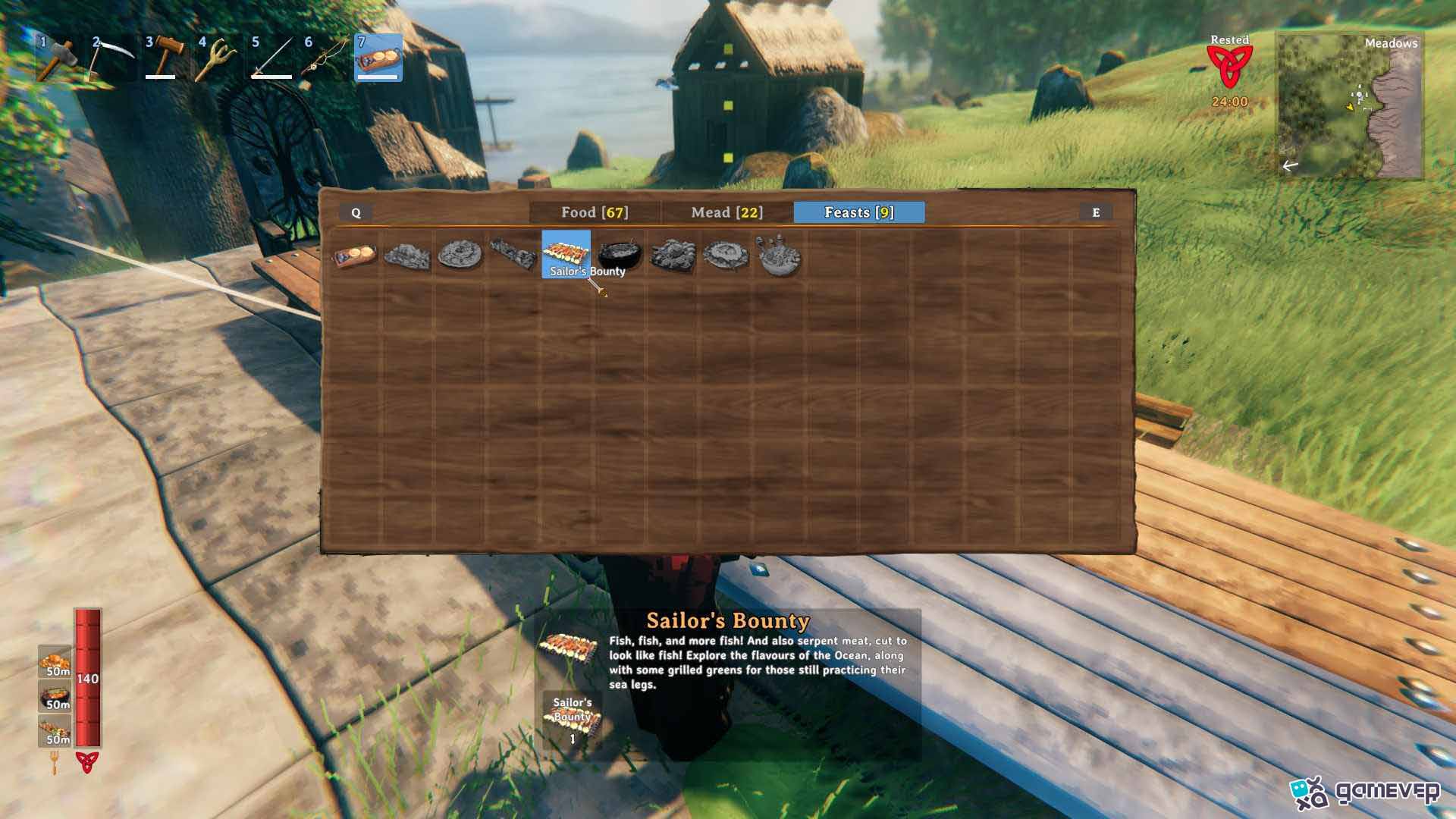 Usa la Bandeja de Servicio para colocar el festín Tesoro del Marinero en Valheim Bog Witch