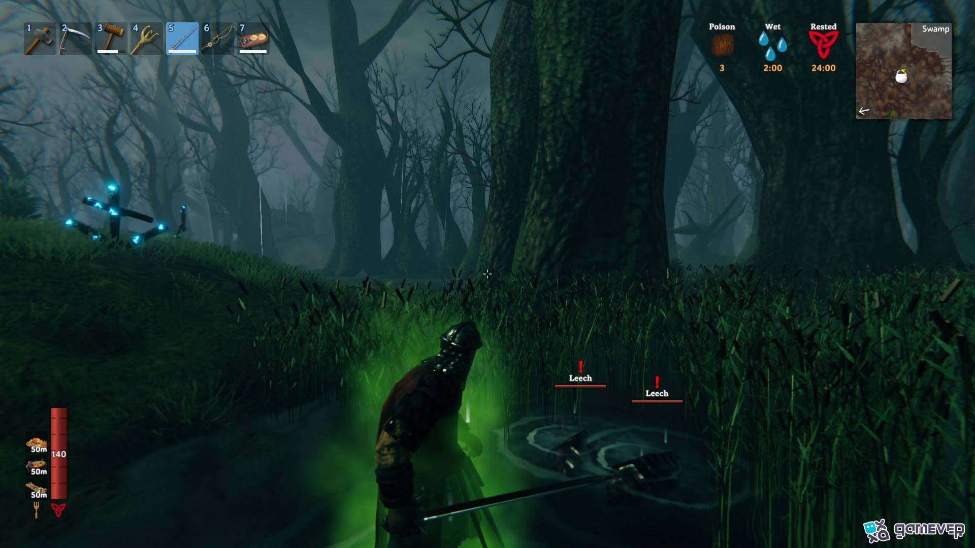 Encuentra sanguijuelas en aguas del Pantano para bolsas de sangre en Valheim Bog Witch.