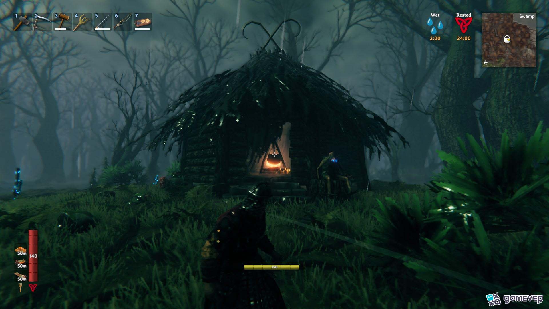 Localiza a la Bruja del Pantano para la Mezcla de Hierbas del Bosque en Valheim Bog Witch.
