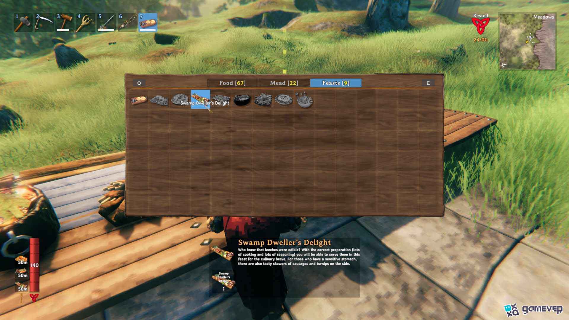 Sirve la Delicia del Habitante del Pantano para aumentar la salud en Valheim Bog Witch.