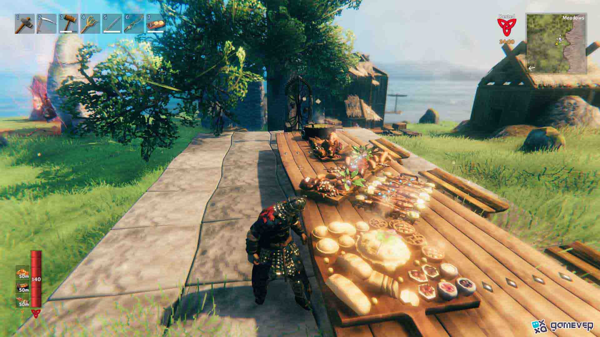 Disfruta del festín Plains Pie Picnic con amigos en Valheim Bog Witch