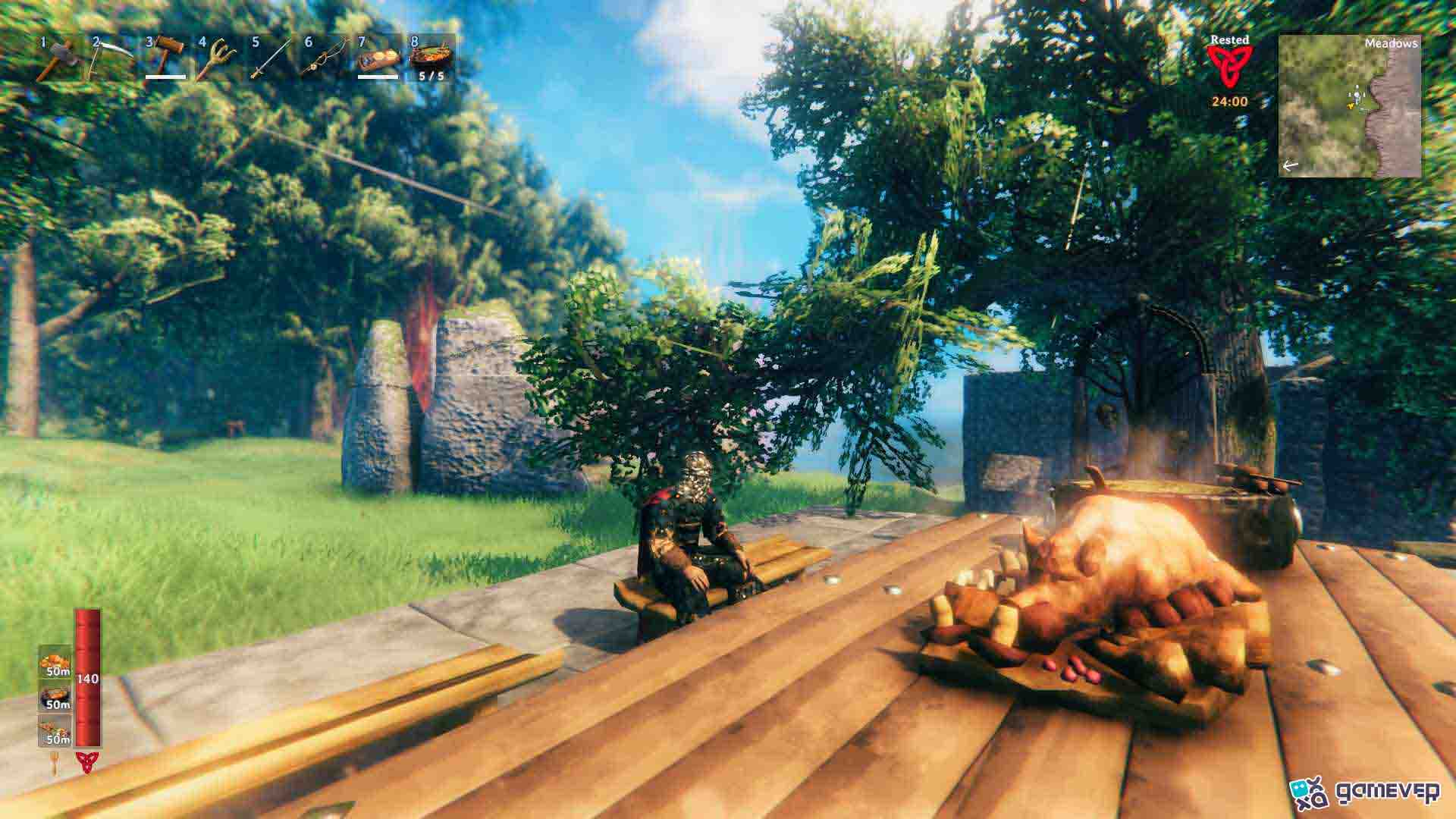 Mejora tu salud y resistencia con el Jabalí de Prado Asado Entero en Valheim Bog Witch