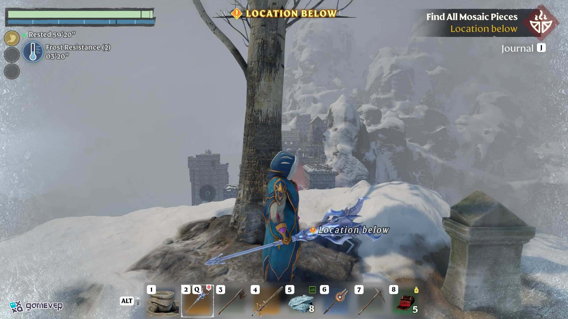 Desentierra la primera pieza del Mosaico de Llama cerca de la tumba en la cima de la colina en Enshrouded Souls of the Frozen Frontier Update