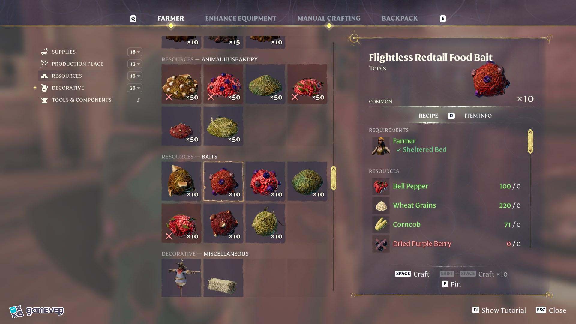 Fabrica cebo para las Colas Rojas Sin Vuelo en Enshrouded Souls of the Frozen Frontier Update.