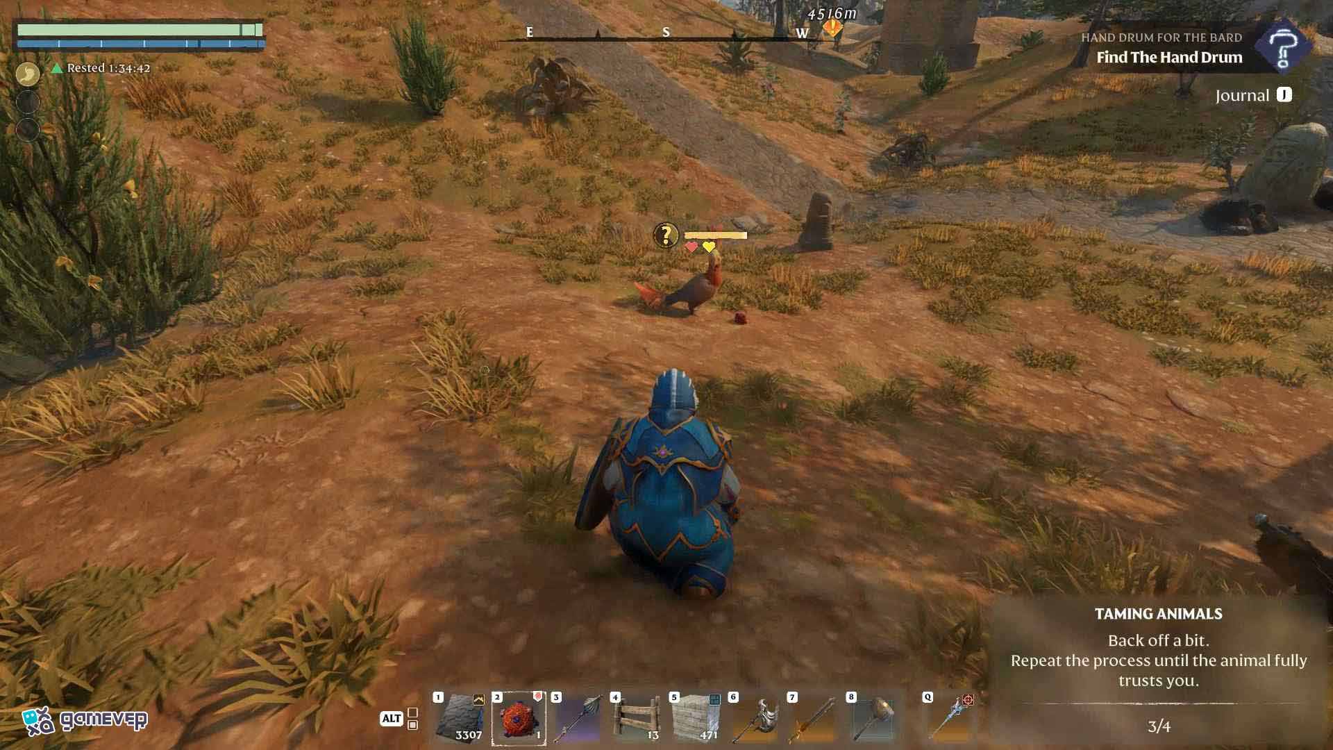 Observa el corazón amarillo cuando la Cola Roja Sin Vuelo muestre interés en Enshrouded Souls of the Frozen Frontier Update.