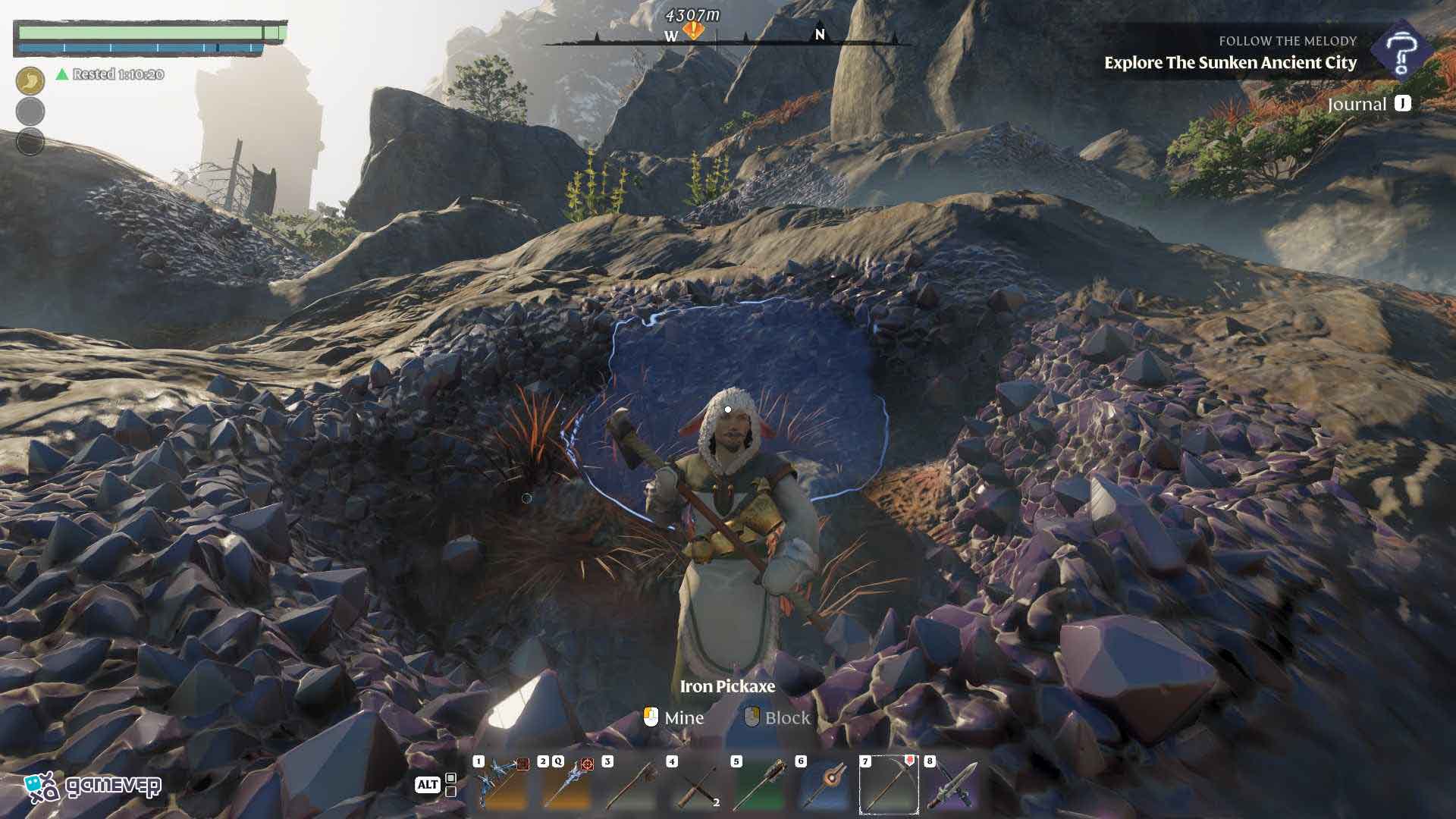 Recolecta Amatista cerca de las cuevas de obsidiana en Enshrouded Souls of the Frozen Frontier Update.