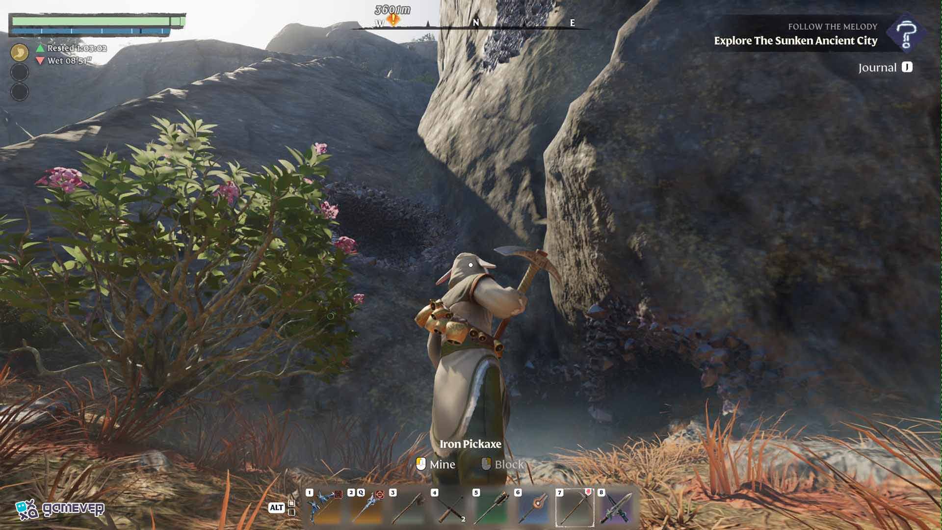 Explora los acantilados nevados para descubrir más depósitos de Amatista en Enshrouded Souls of the Frozen Frontier Update.