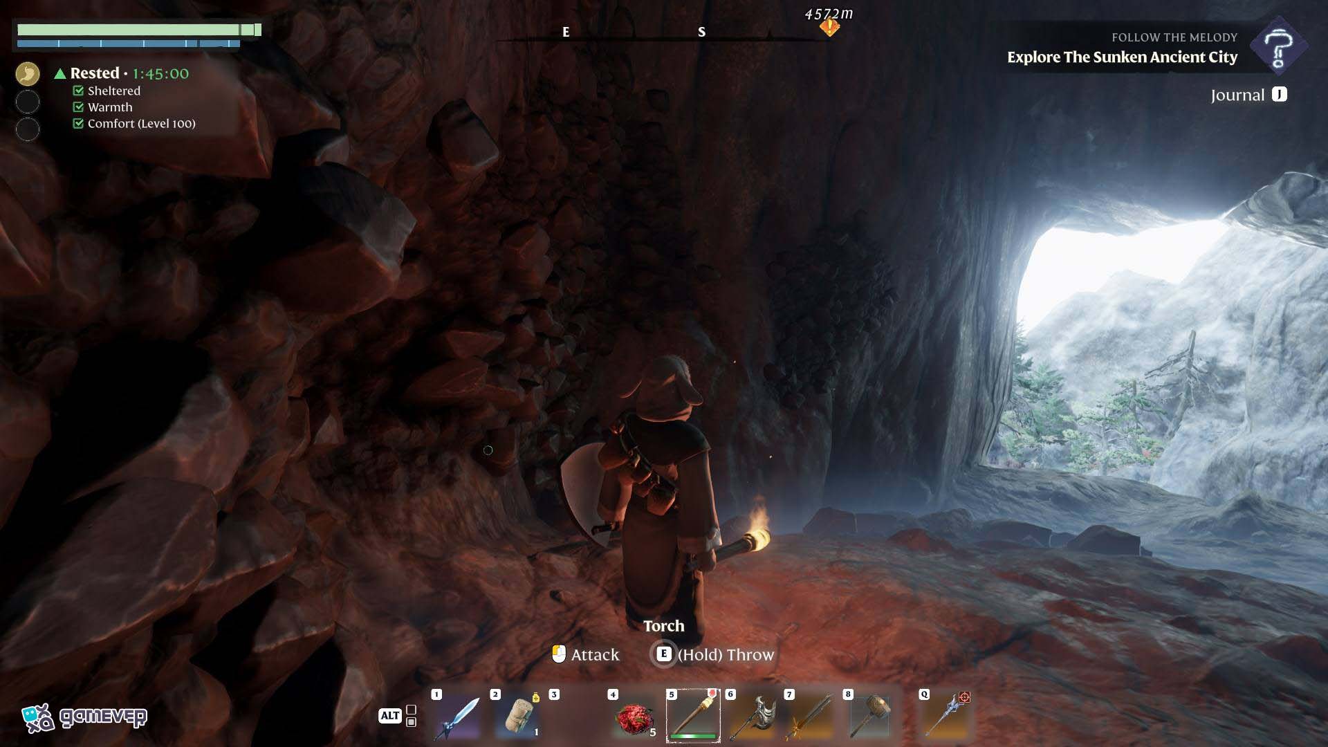 Busca nodos de carbón escondidos en los rincones de las cuevas en Enshrouded Souls of the Frozen Frontier Update.