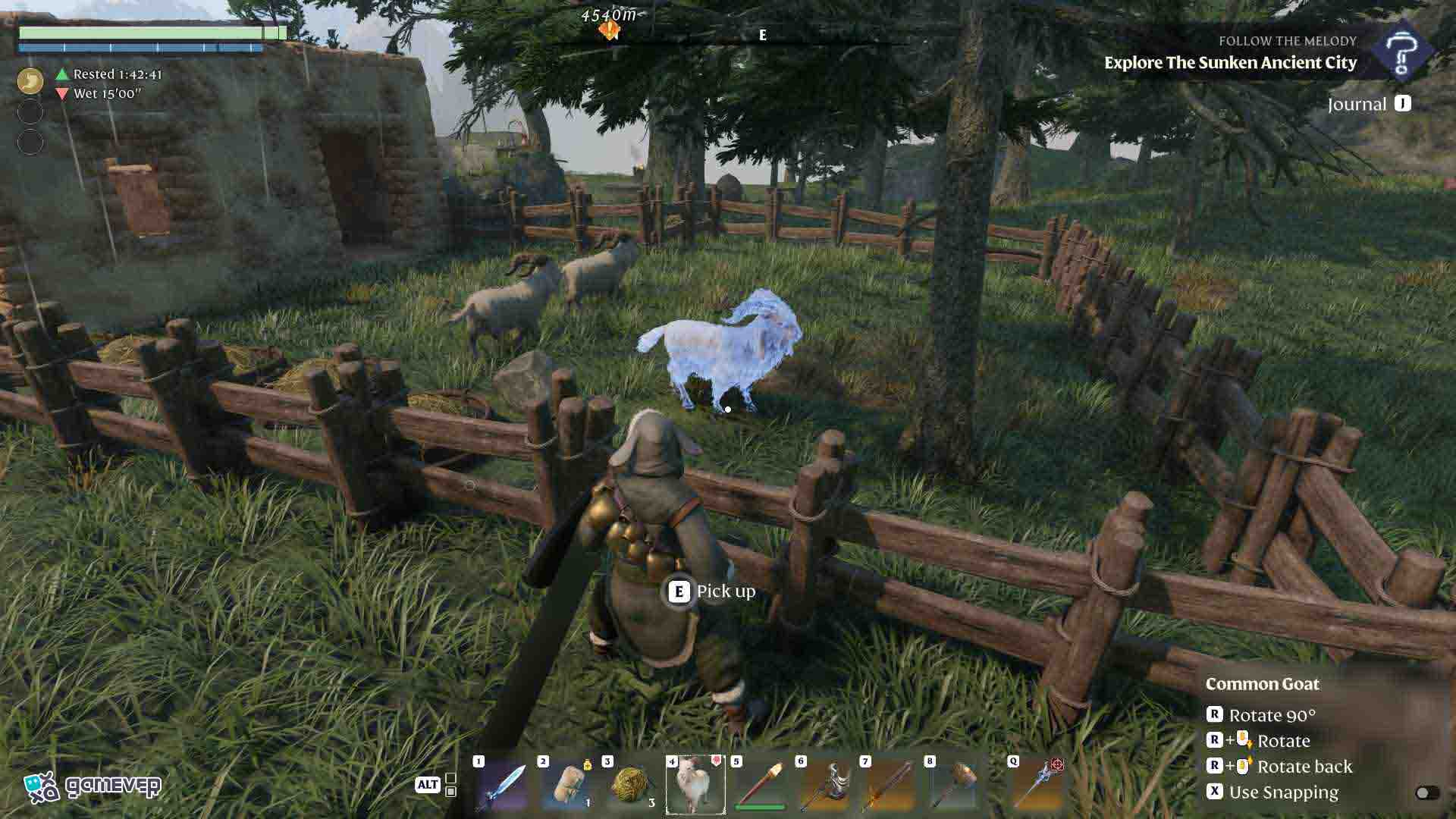 Lleva tu cabra domesticada de vuelta a la base en Enshrouded Souls of the Frozen Frontier Update.