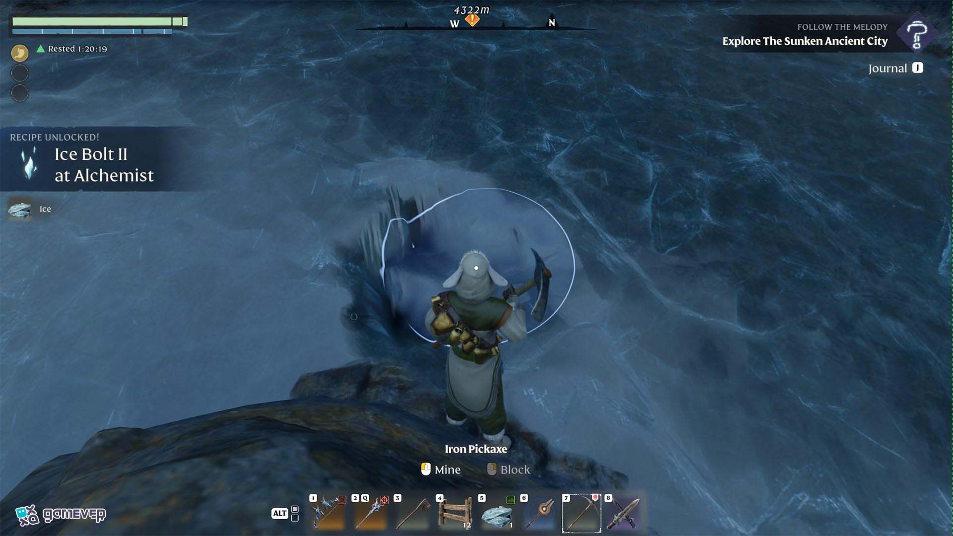 Busca los ríos congelados para la minería de hielo en Enshrouded Souls of the Frozen Frontier Update.