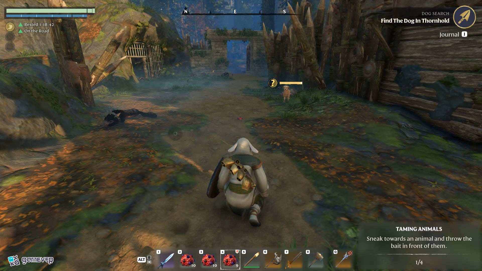 Encuentra a Ruffles, el perro en el corazón de Thornhold en Enshrouded Souls of the Frozen Frontier Update.