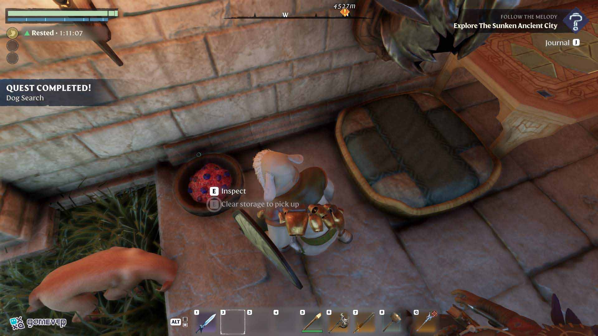 Prepara la cama y el cuenco de comida de Ruffles en Enshrouded Souls of the Frozen Frontier Update.