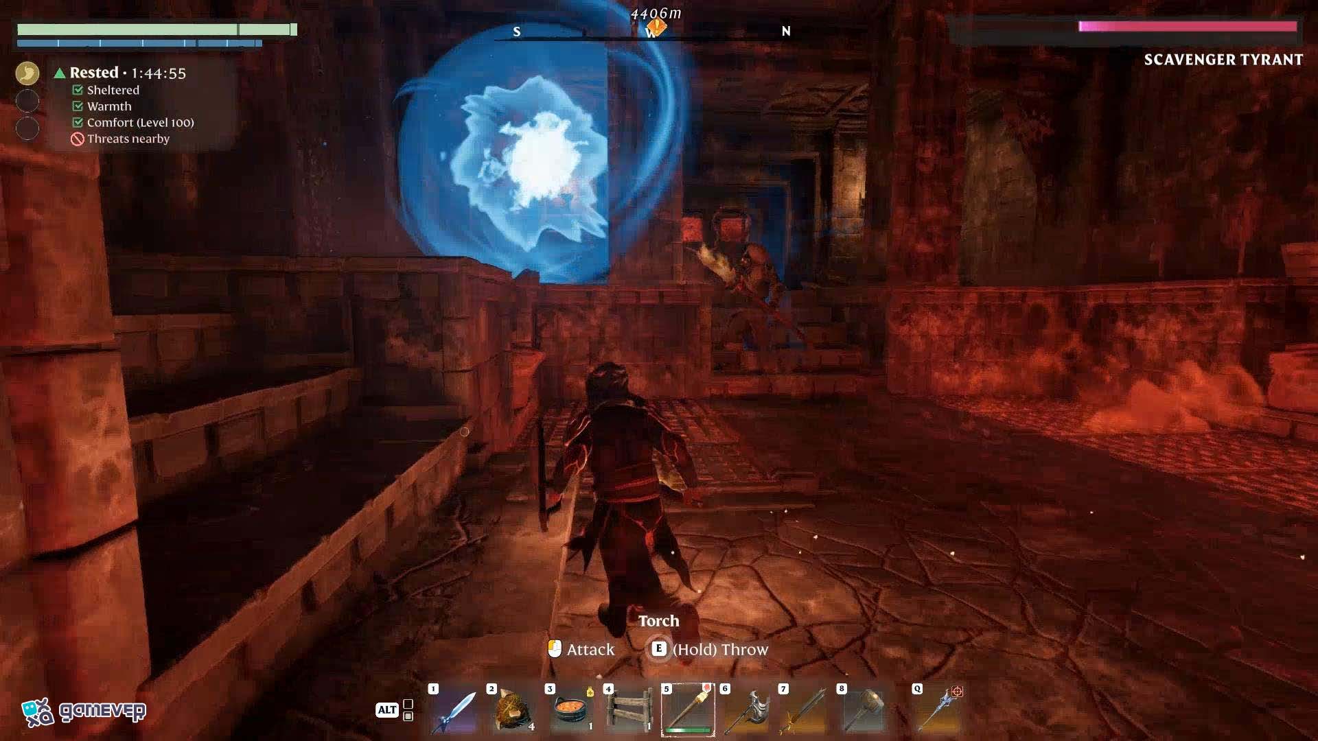 Lucha contra el Tirano Saqueador por el Fuelle en Enshrouded Souls of the Frozen Frontier Update.