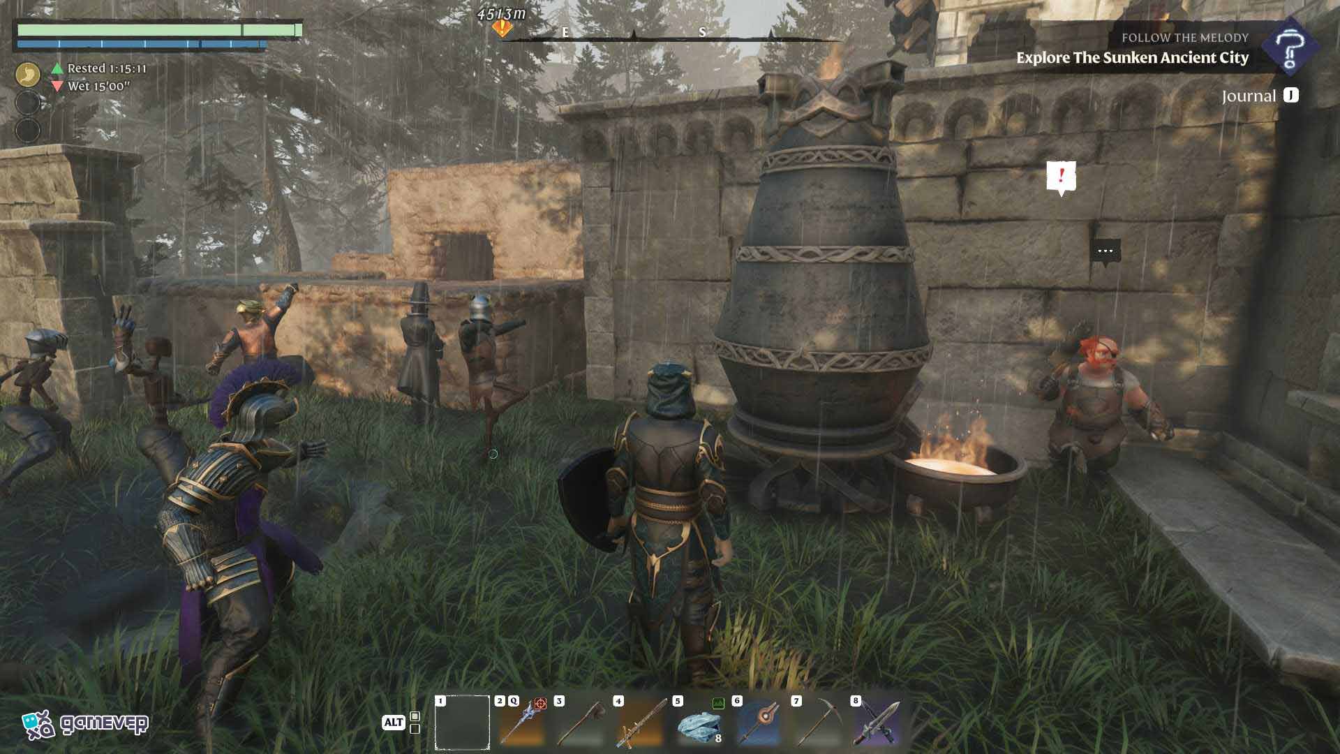 Regresa con el Herrero para desbloquear la receta del Horno de Fundición en Enshrouded Souls of the Frozen Frontier Update.