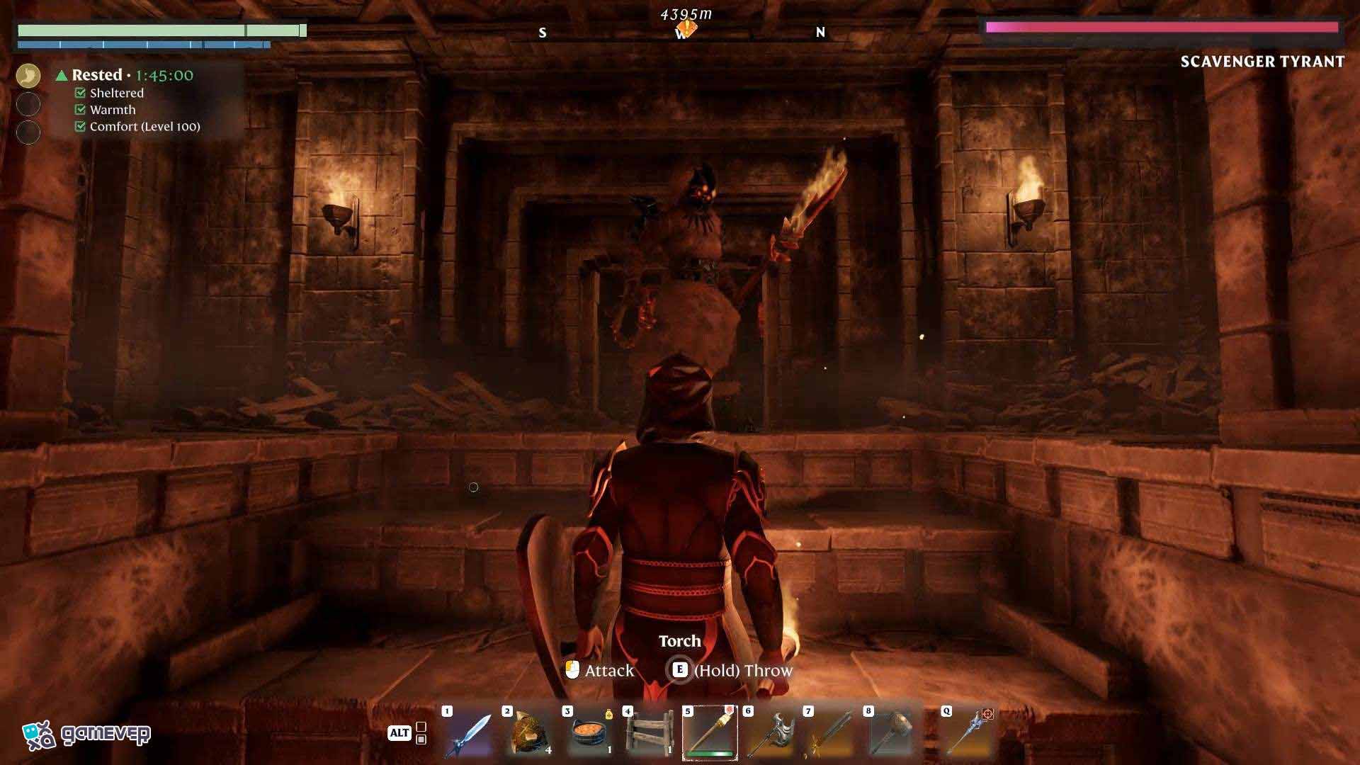 Esquiva los golpes de látigo calentado del Tirano Saqueador en Enshrouded Souls of the Frozen Frontier Update.