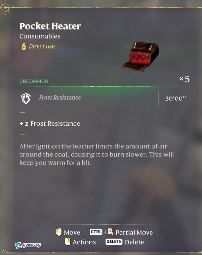 Usa un Calentador de Bolsillo para mantenerte abrigado en Enshrouded Souls of the Frozen Frontier Update.
