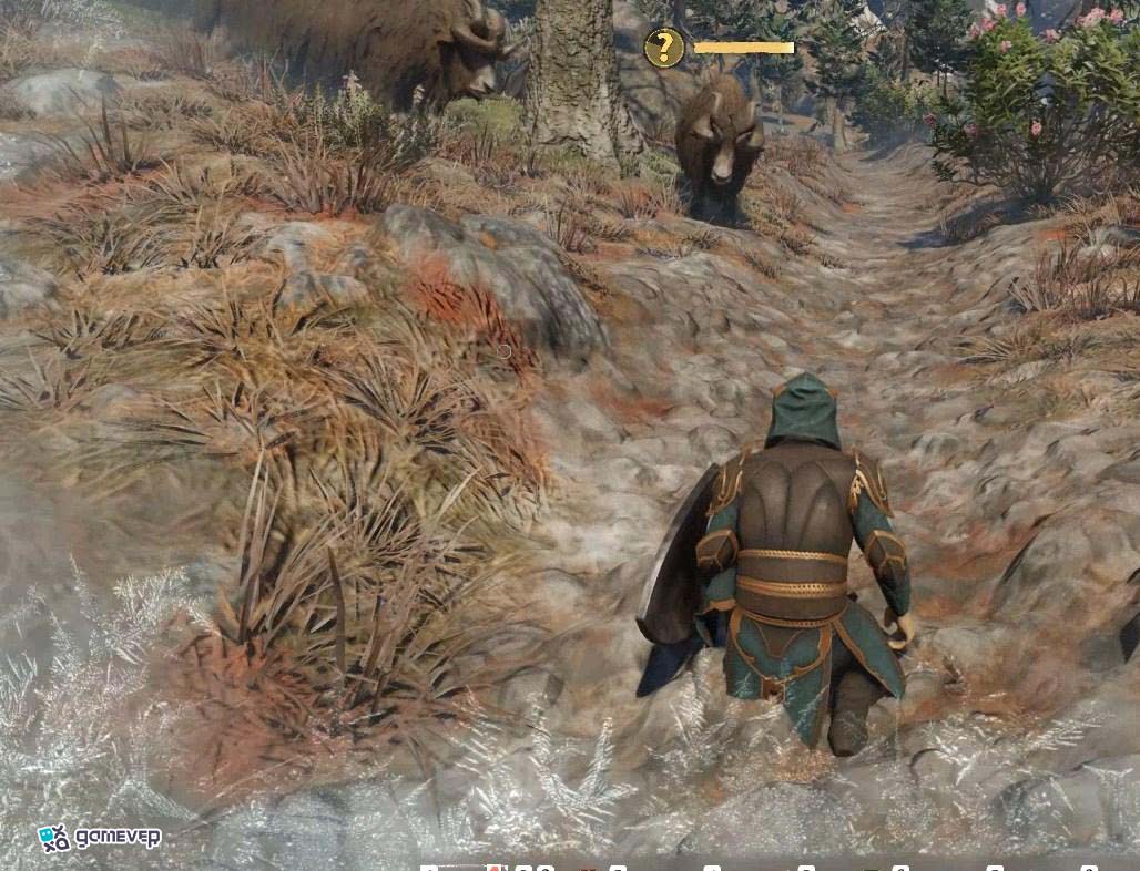 Lanza Cebo para Yak cerca del yak en las Cumbres Albaneve en Enshrouded Souls of the Frozen Frontier Update.