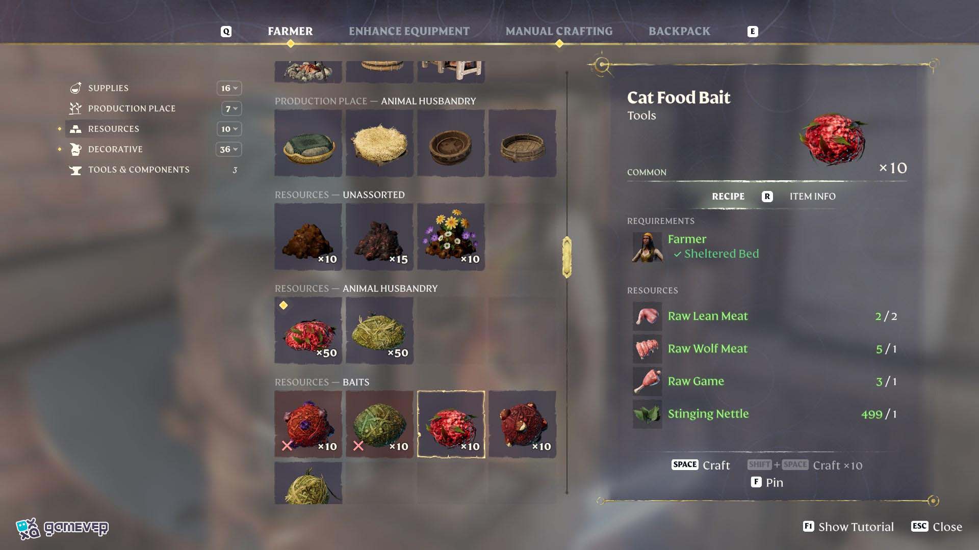 Prepara el cebo para gatos con carne de lobo, caza y carne magra para atraer a tu compañero felino en Frozen Frontier.