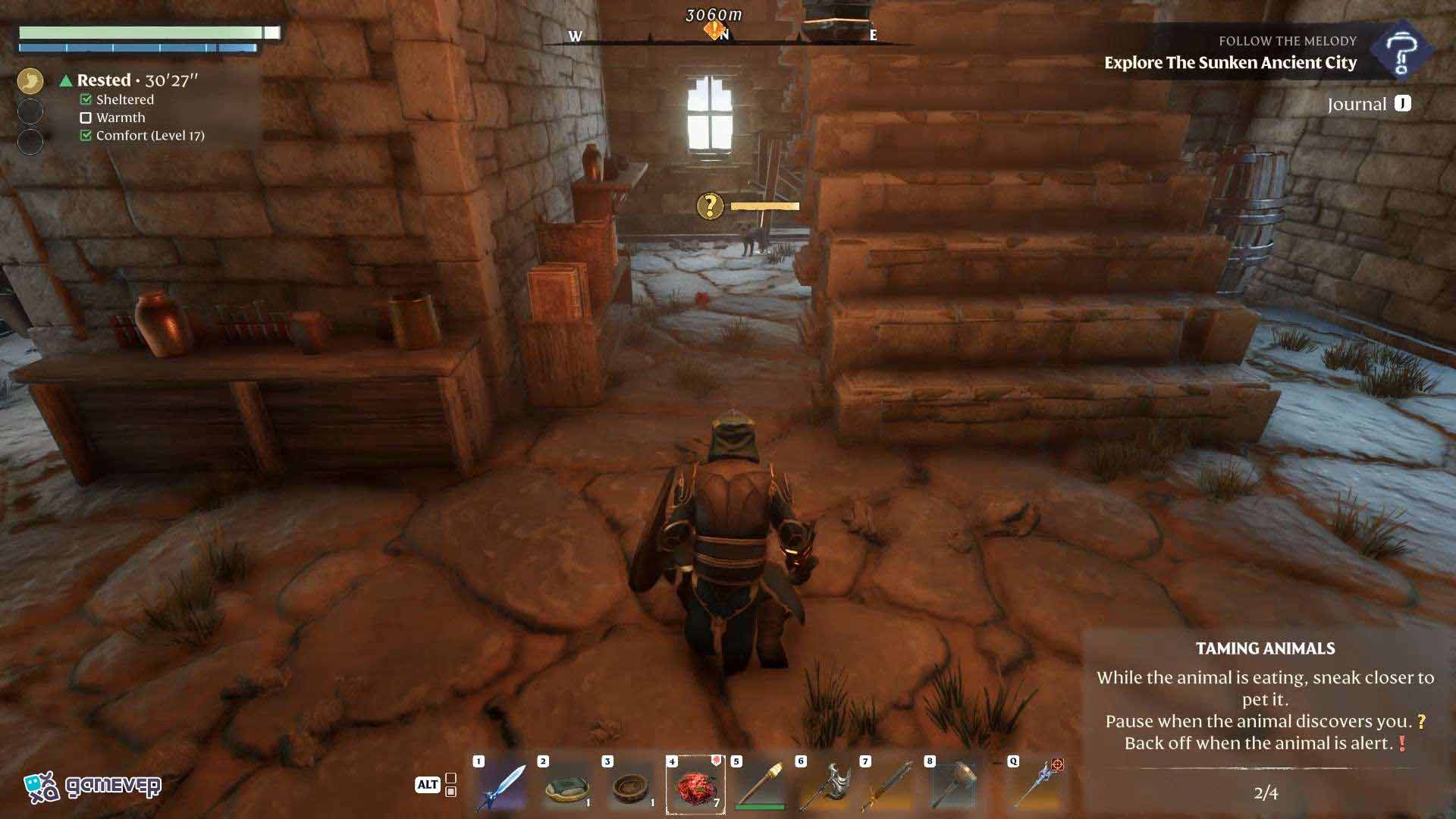 Mantén la distancia y, cuando el gato muestre curiosidad, acércate lentamente para comenzar a vincularte en Enshrouded Souls of the Frozen Frontier Update.