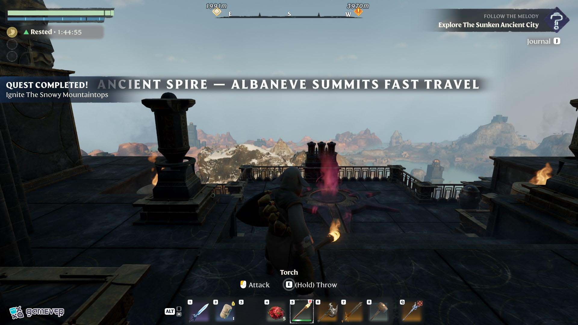 Reclama tus recompensas en la cima de la Aguja en Enshrouded Souls of the Frozen Frontier Update.