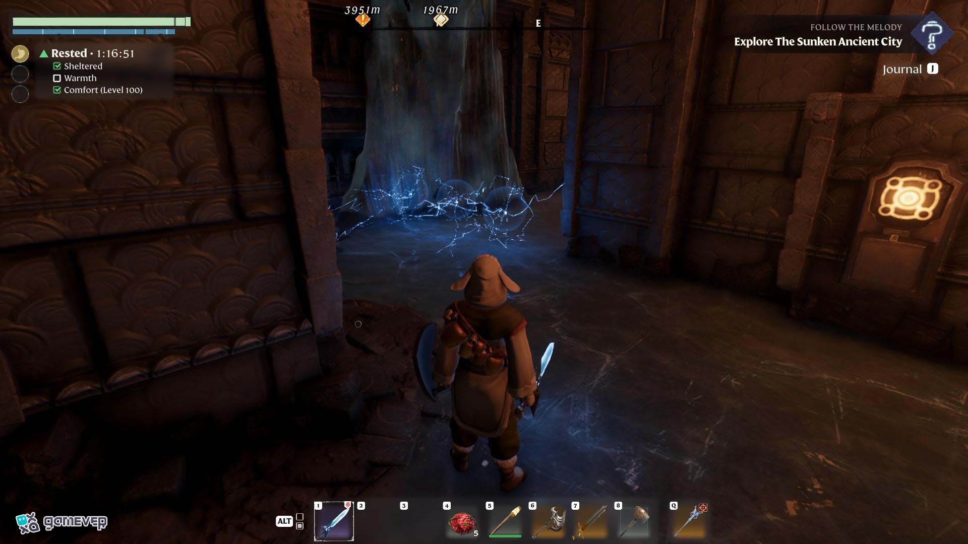 Encuentra el primer botón cerca de la esquina en Enshrouded Souls of the Frozen Frontier Update.
