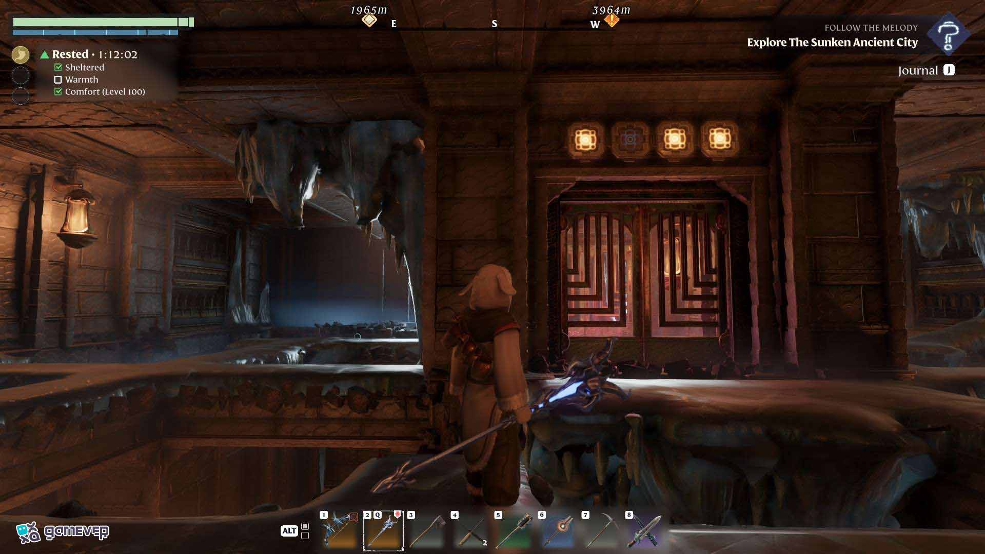 Cronometra estratégicamente tus saltos sobre las vigas heladas en Enshrouded Souls of the Frozen Frontier Update.