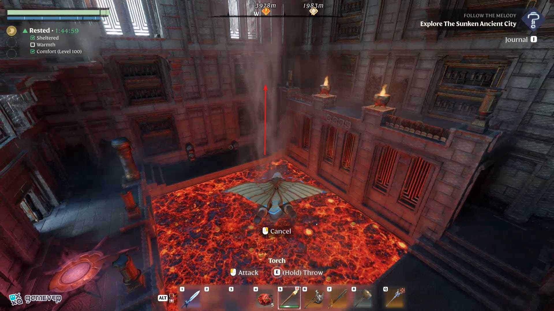 Controla tu planeador para llegar a esquinas seguras en Enshrouded Souls of the Frozen Frontier Update.