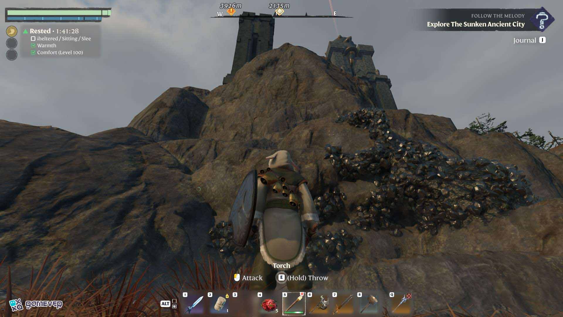 Acércate a los destellos oscuros a lo largo de los bordes del acantilado para obtener obsidiana en Enshrouded Souls of the Frozen Frontier Update.