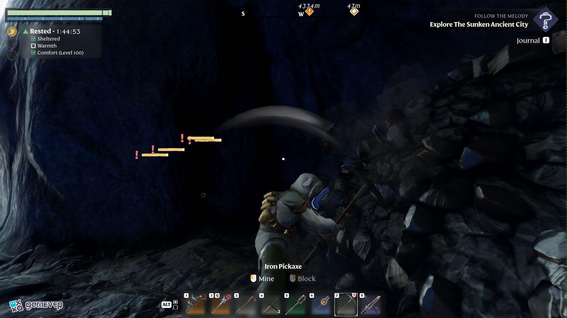 Recolecta suficiente obsidiana para el equipo de la Sombra de la Montaña en Enshrouded Souls of the Frozen Frontier Update.