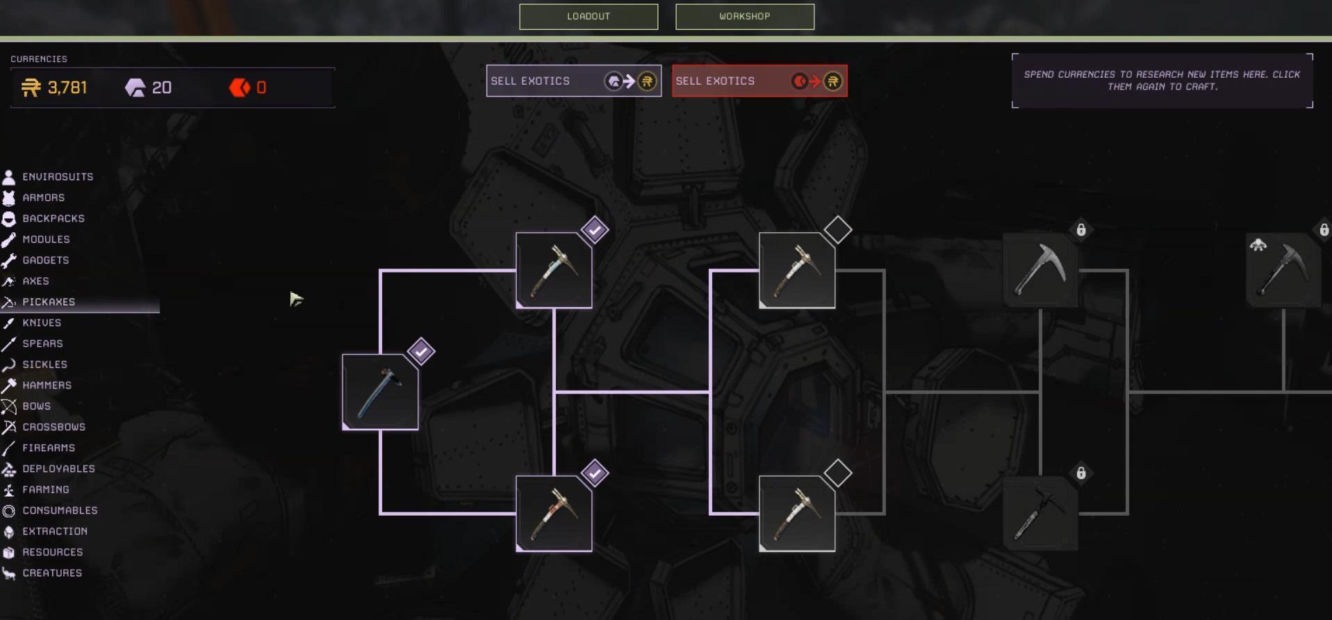 Find unlocked items in the workshop menu