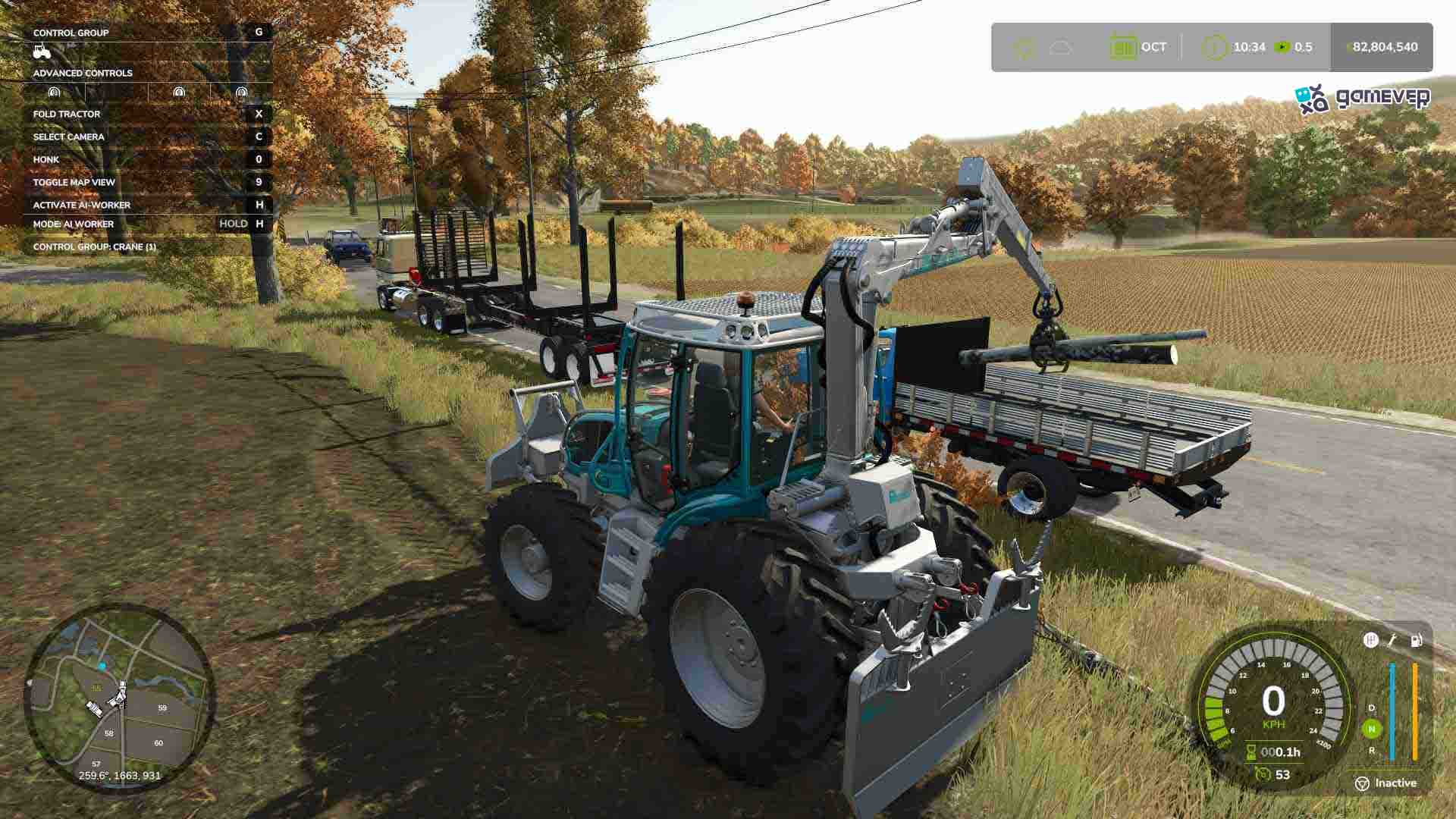 Carga troncos en un remolque con un cargador frontal en Farming Simulator 25.