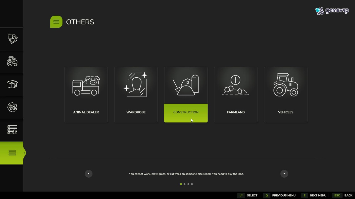 Abre el Modo de Construcción en el menú de la tienda en Farming Simulator 25.