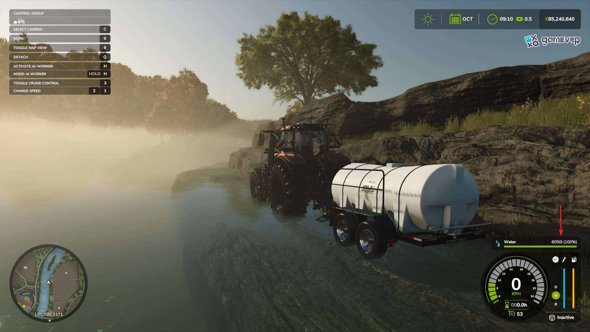 Dirígete a ríos y lagos para obtener una fuente de agua gratuita en Farming Simulator 25.