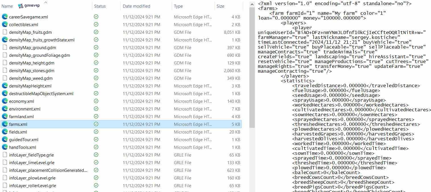 Ubica y abre el archivo ‘Farms.xml’ de tu guardado seleccionado en Farming Simulator 25