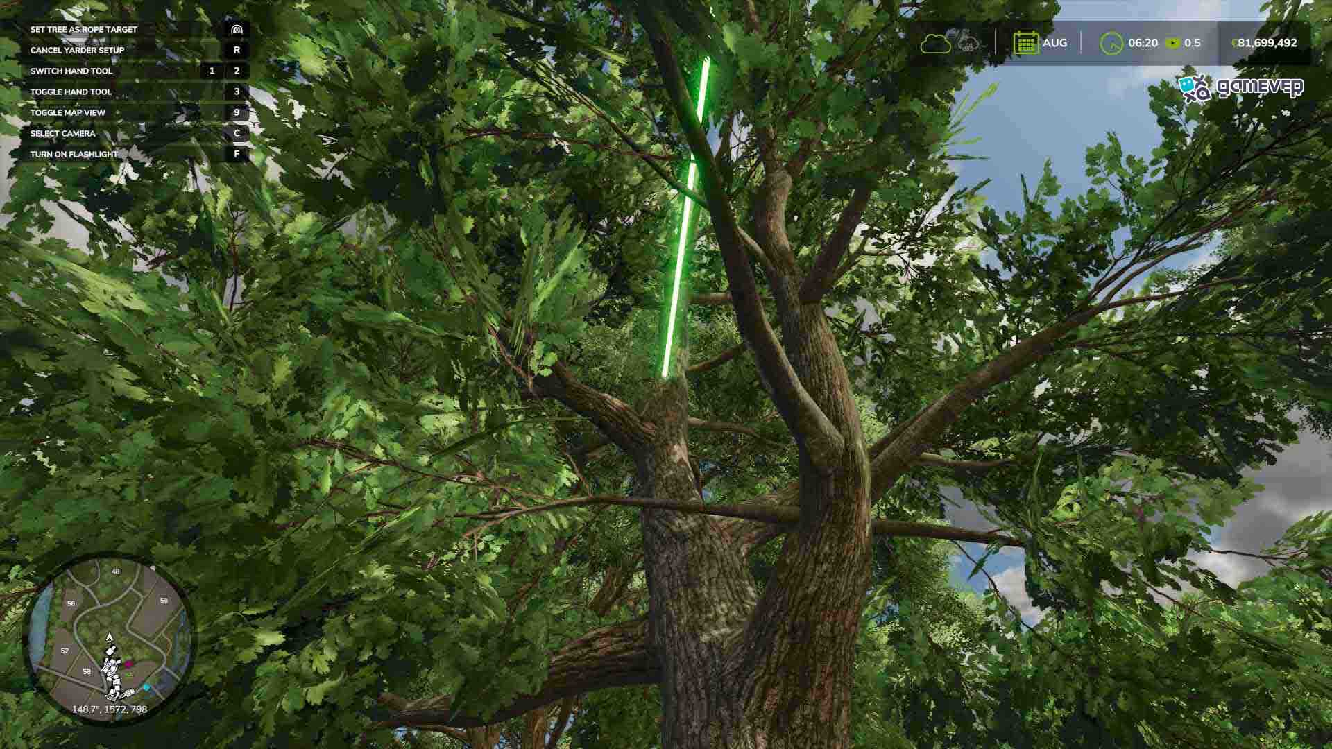Estira el cable del yarder para alcanzar tu área de tala en Farming Simulator 25.
