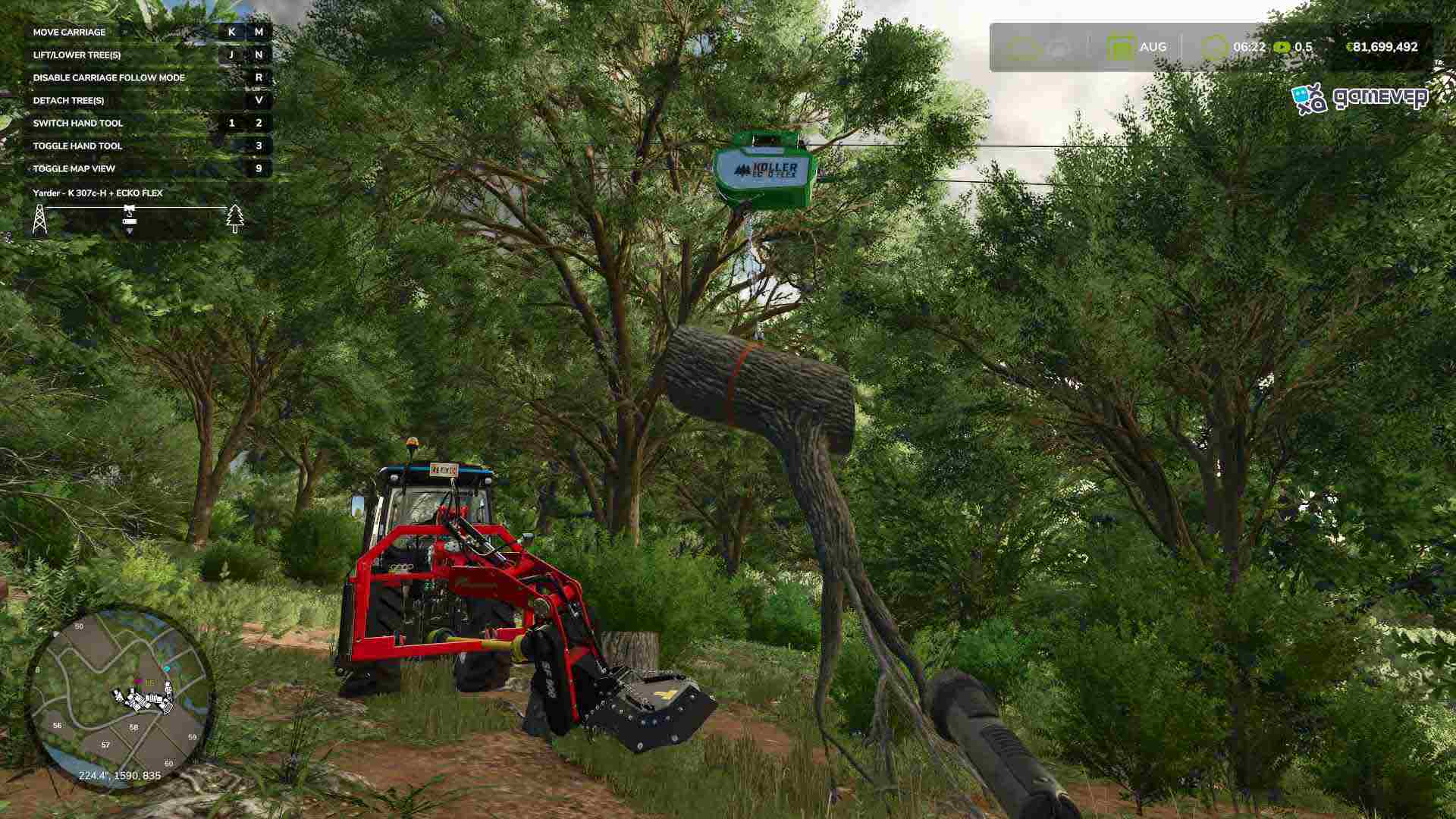 Levanta los troncos en alto para un transporte suave en Farming Simulator 25.